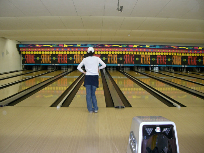 Oddly enough, the bowling pins were immune to her icy glares and "I-am-so-disappointed-in-you" stances. That stuff works great on dudes, though.