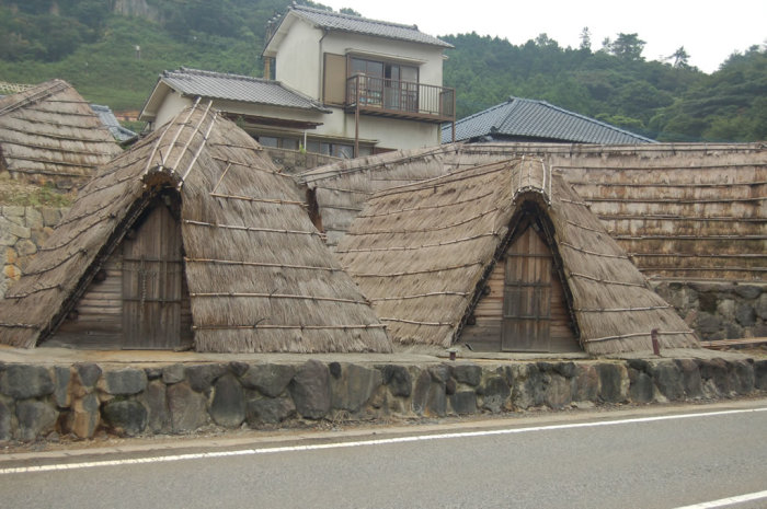 A closer look at the thatched roofs of the individual huts.