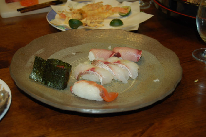 Close-up of the handmade sushi prepared by the son-in-law, who is a professional chef.